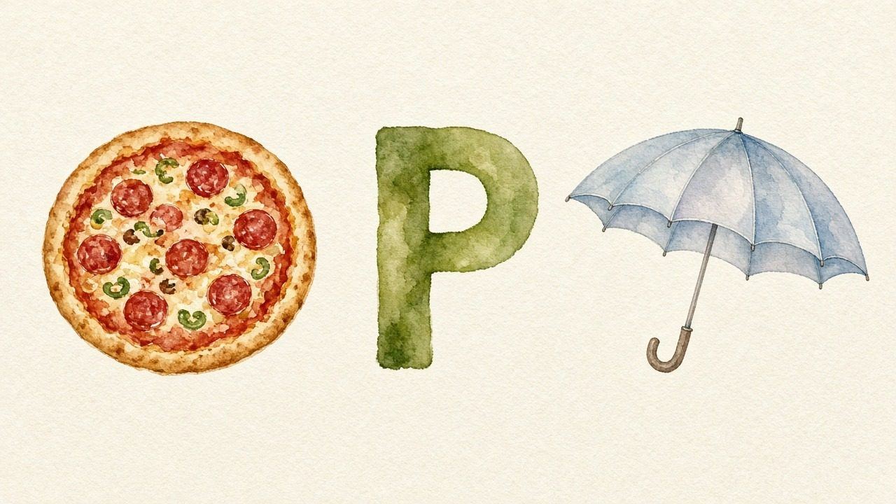 De pizza (Pietza), de letter P, P van de paraplu
