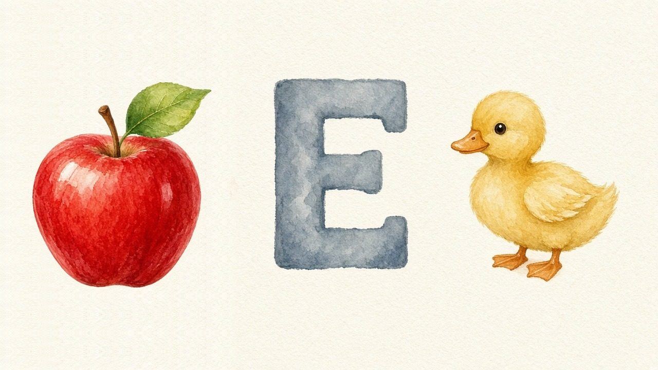 De appel (Elma), de letter E, E van de eend