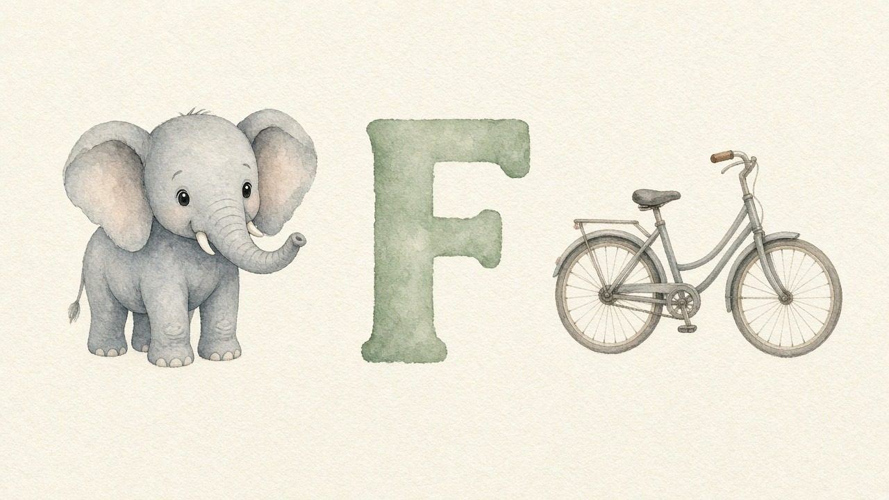 De olifant (Fil), de letter F, F van de fiets