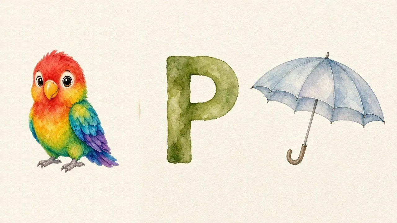 De papegaai (Papağan), de letter P, P van de paraplu