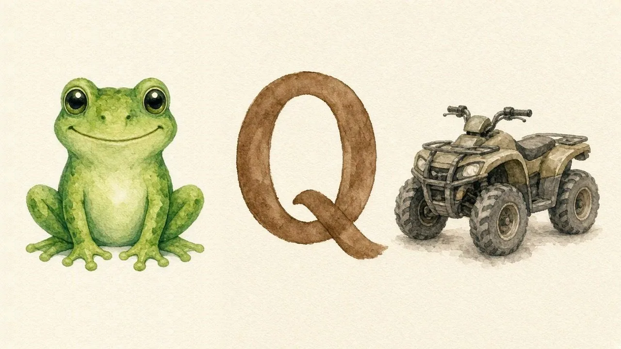 De kikker (Kurbağa), de letter Q, Q van de quad