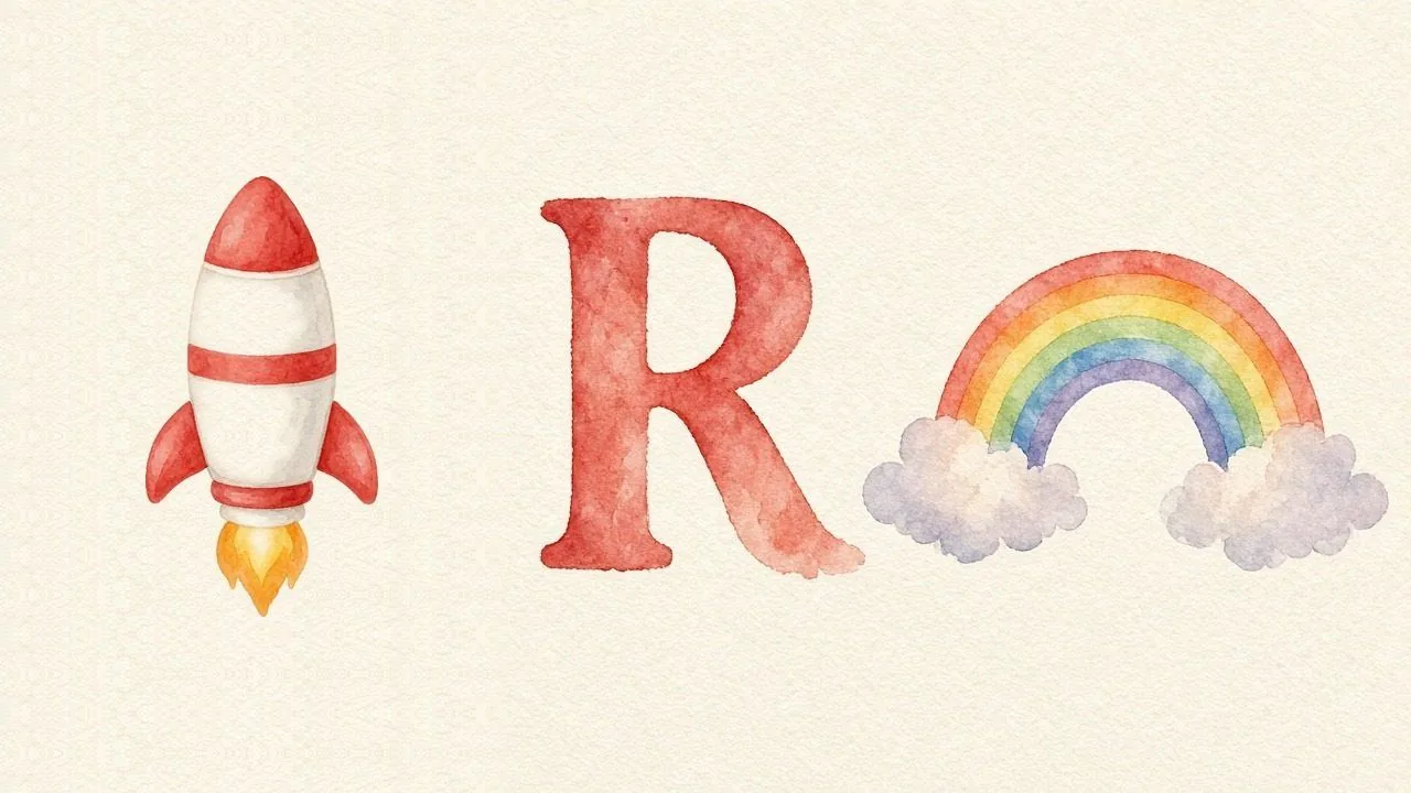De raket (Roket), de letter R, R van de regenboog
