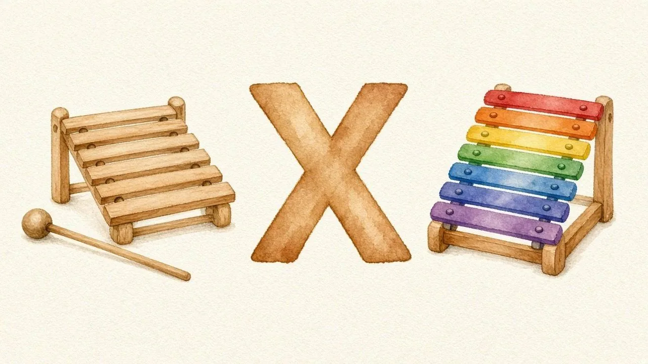 De xylofoon (Ksilofon), de letter X, X van de xylofoon