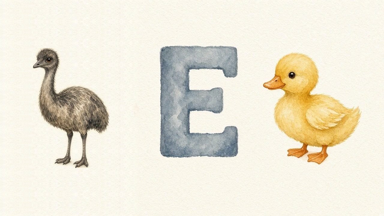 De emoe (Emu), de letter E, E van de eend