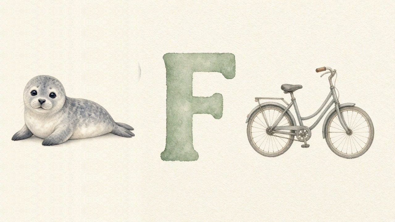De zeehond (Foka), de letter F, F van de fiets