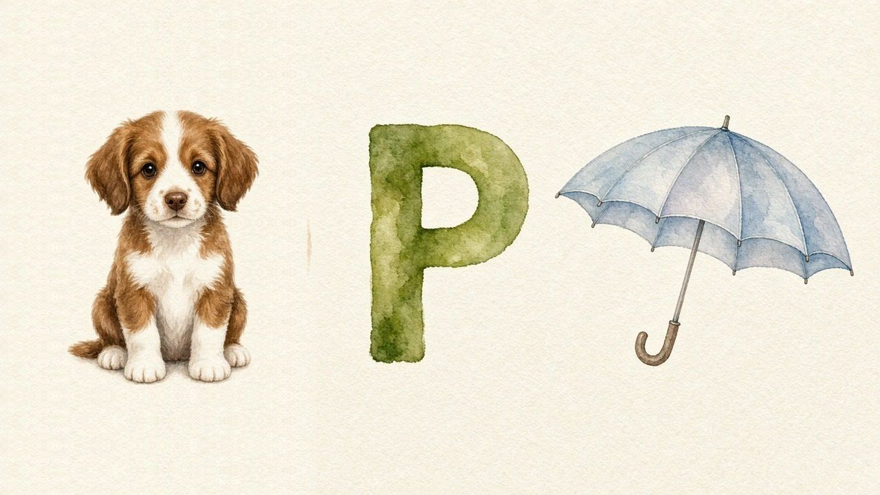 De hond (Pies), de letter P, P van de paraplu