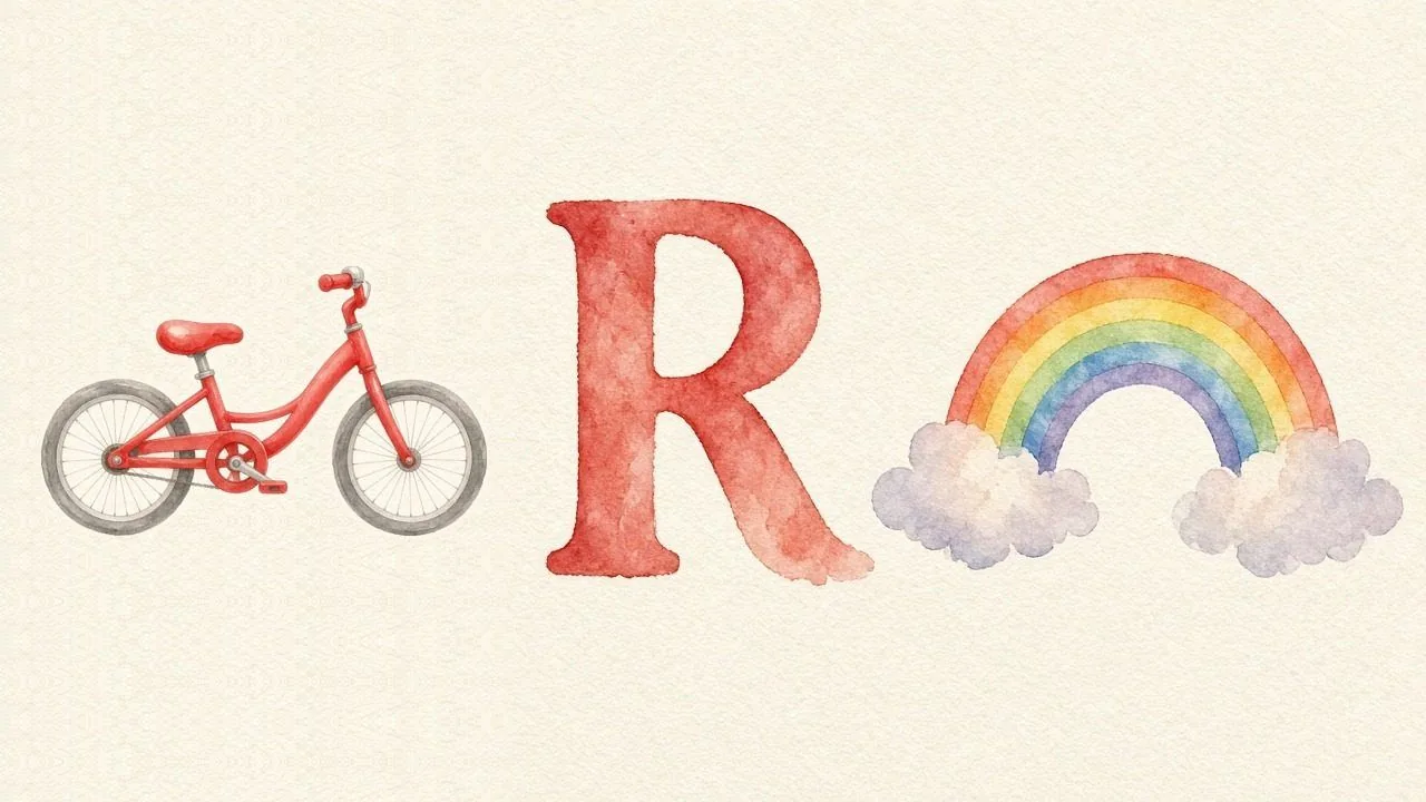 De fiets (Rower), de letter R, R van de regenboog