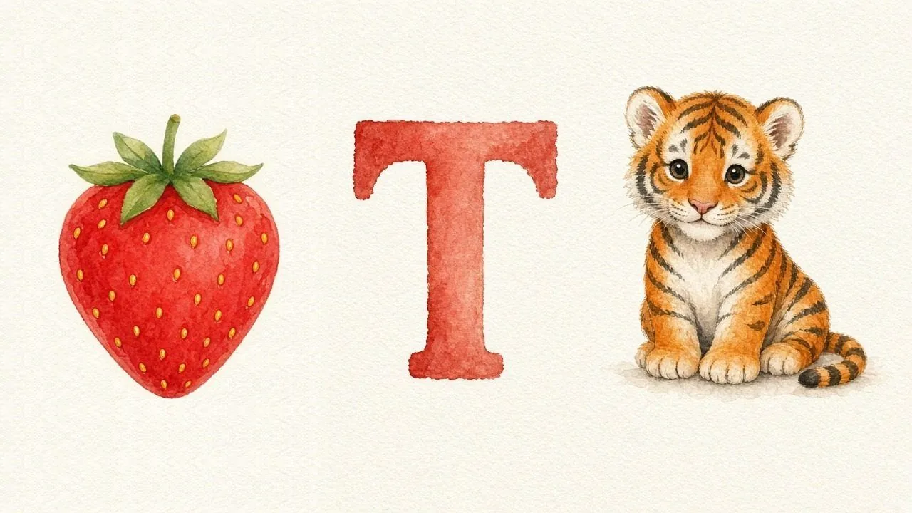 De aardbei (Truskawka), de letter T, T van de tijger