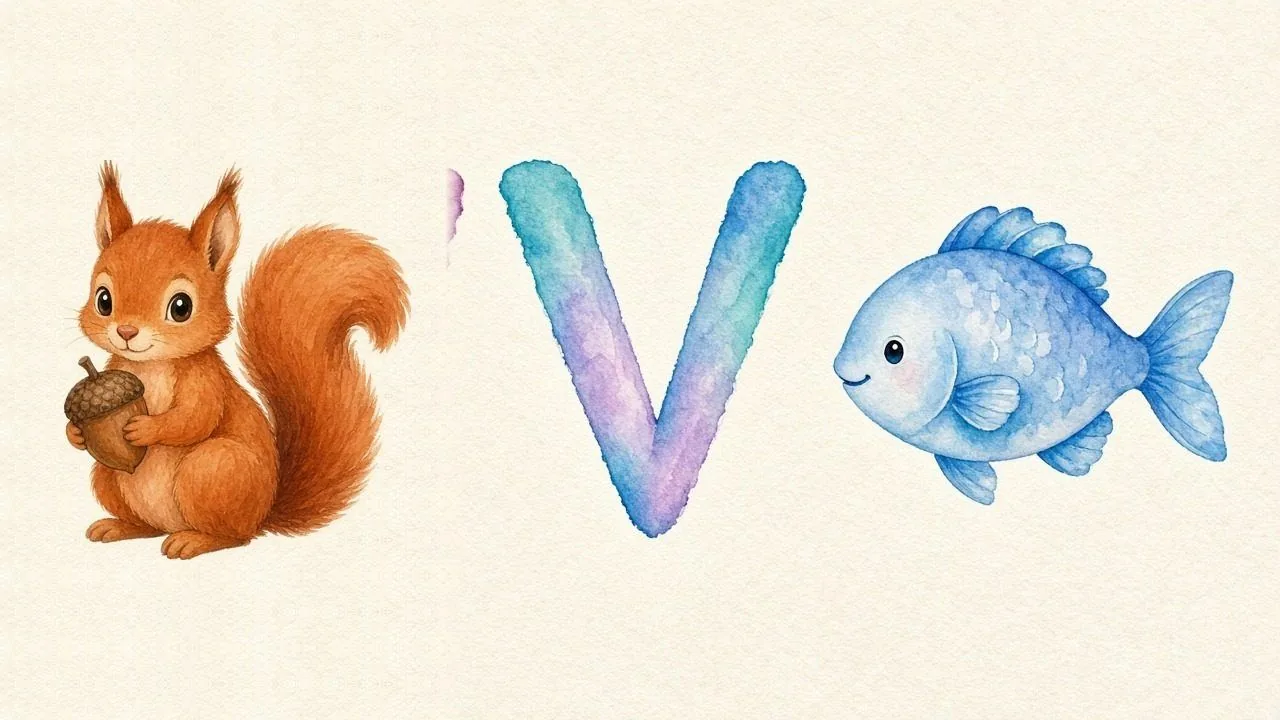 De eekhoorn (Wiewiórka), de letter V, V van de vis