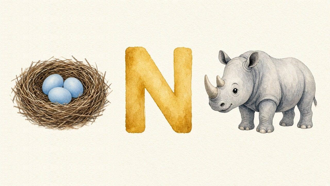Het nest (Nest), de letter N, N van de neushoorn