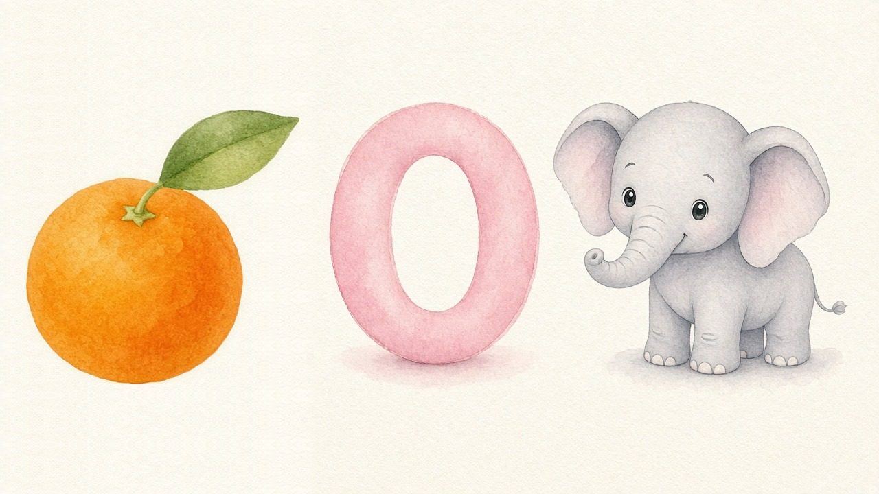 De sinaasappel (Orange), de letter O, O van de olifant