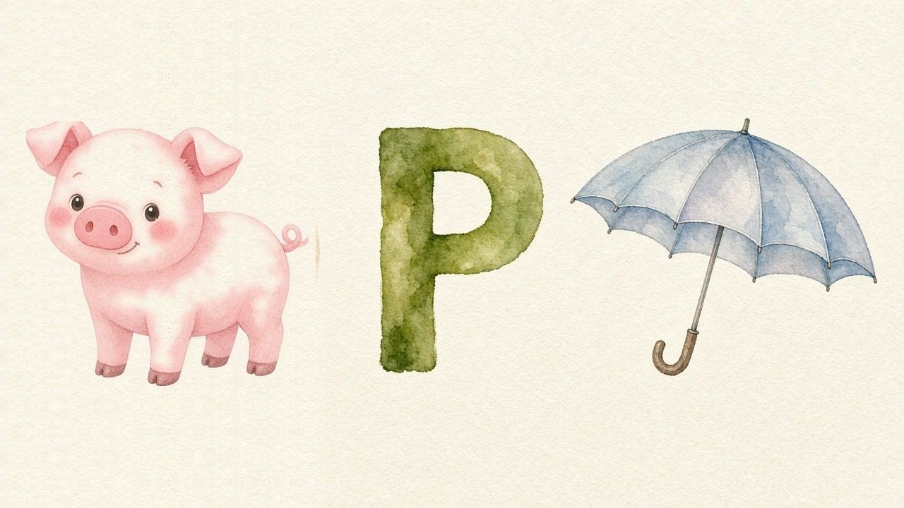 Het varken (Pig), de letter P, P van de paraplu