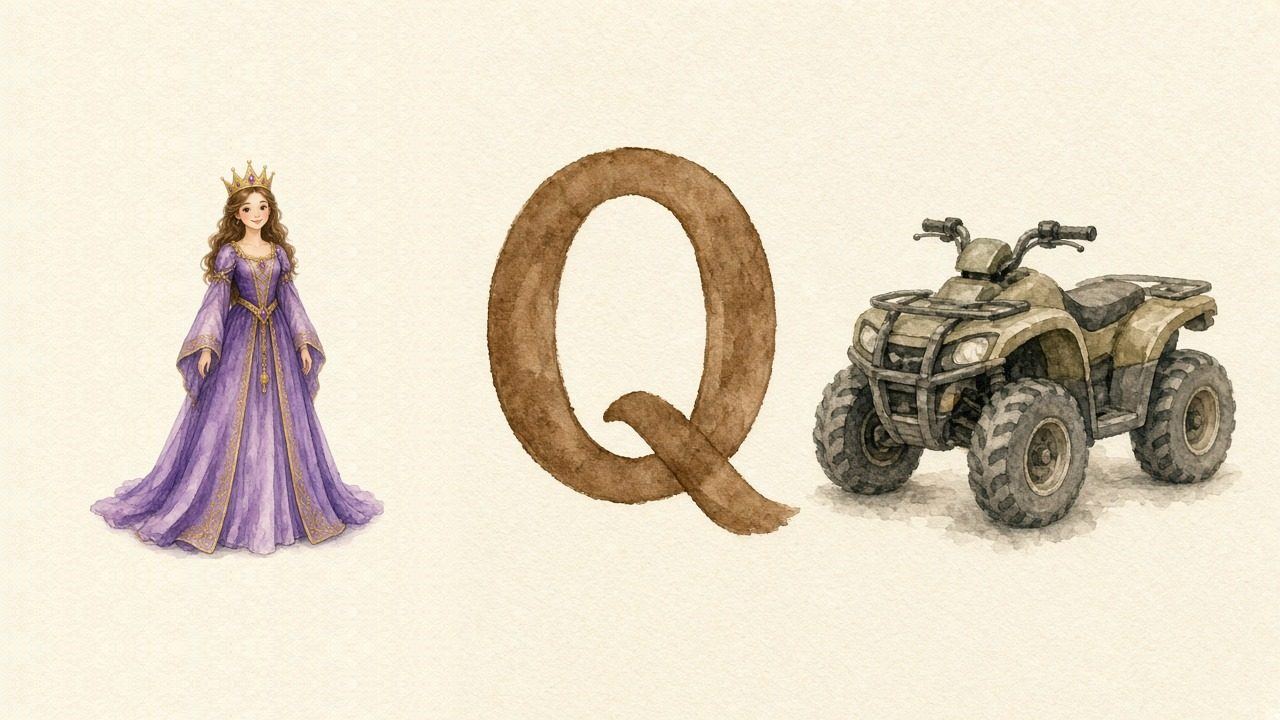 De koningin (Queen), de letter Q, Q van de quad