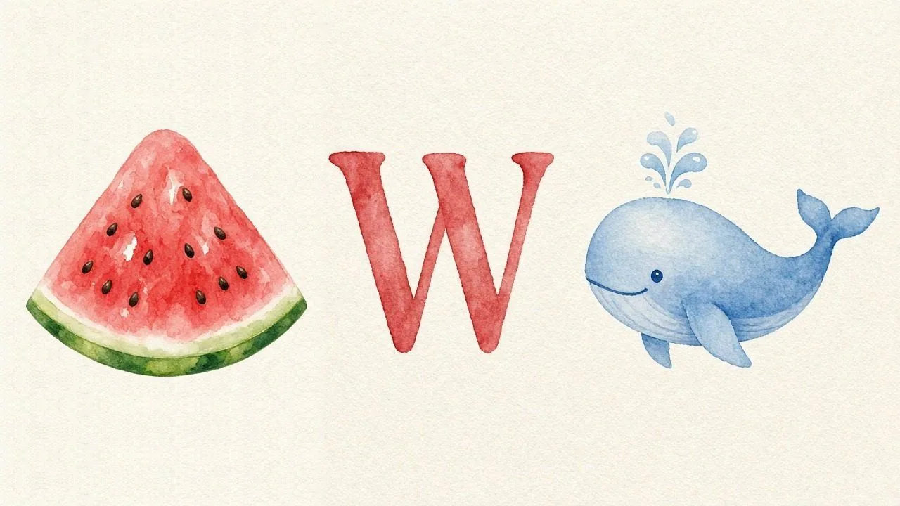 De watermeloen (Watermelon), de letter W, W van de walvis
