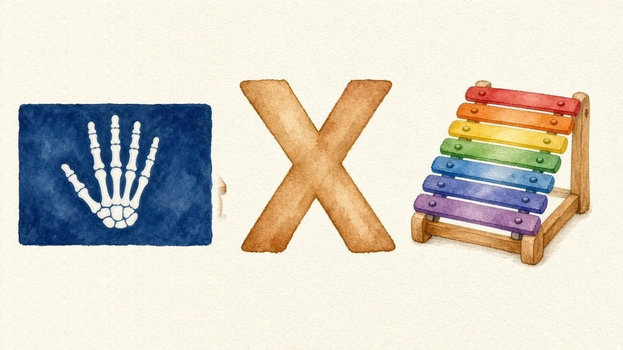 De röntgenfoto (X-ray), de letter X, X van de xylofoon